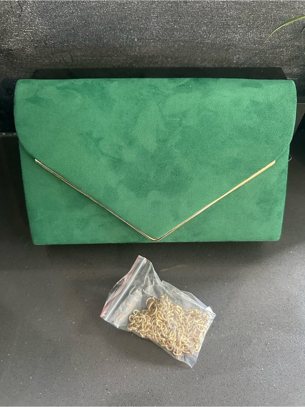 Emerald Green Suede Envelope Clutch with Gold Accent